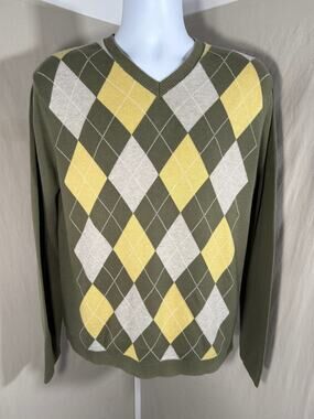 Banana Republic Men M V-Neck Cotton Argyle Sweater Olive Green Yellow Grey EUC
